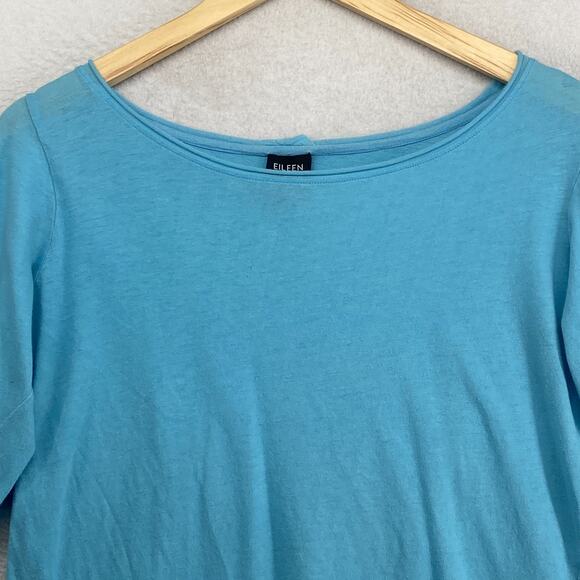 EILEEN FISHER Top M Fine Cotton Jersey Raw Hems Boat Neck Long Sleeve Blue - Picture 4 of 11